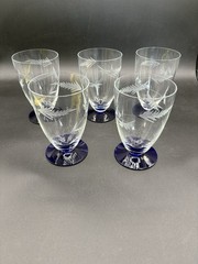 Set of Five (5) Weston Louie Cobalt Blue Base Fern Etched Juice Glasses