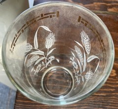 Large 6.5” Vintage Clear Glass Cup Vase – White Wheat W/ Greek Gold Around Top