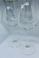 2 Vintage Etched Glass Atomic Star Burst Wine Glasses MCM Czech Gold Tone Trim