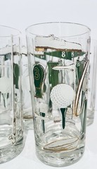 7 Vtg Golf themed MCM highballs, gilted Gold, Green And White, 5 5/8” (Read)