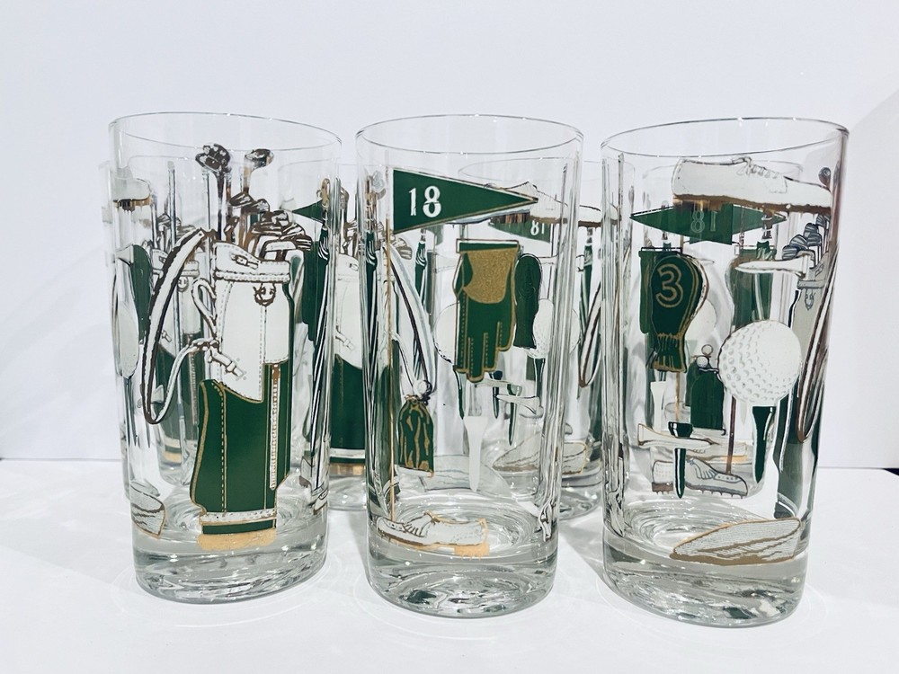 7 Vtg Golf themed MCM highballs, gilted Gold, Green And White, 5 5/8” (Read)
