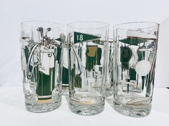 7 Vtg Golf themed MCM highballs, gilted Gold, Green And White, 5 5/8” (Read)