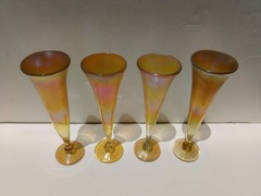 4 Vintage Rick Strini Signed 10″ Aurene Iridescent Art Glass Champagne Flute