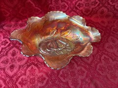 DUGAN-DIAMOND PEACH/ APPLE & PEAR MARIGOLD 13″x9 1/2″ CARNIVAL GLASS BANANA BOAT