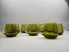 Set 10 Kumela Riihimaki Finland Olive Green Art Glass Mugs Sirkku Kumela MCM
