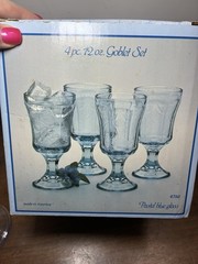 4 Vintage Indiana Glass Recollection Blue Madrid Glass Water Goblets with Box
