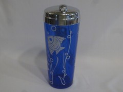 HAZEL ATLAS ANGEL FISH RITZ BLUE COCKTAIL SHAKER & 6 TUMBLERS