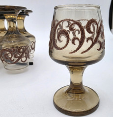 Libbey Prado Tawny Brown Scroll Cordial Goblets Set of 6 w/ Blk Metal Caddy VTG