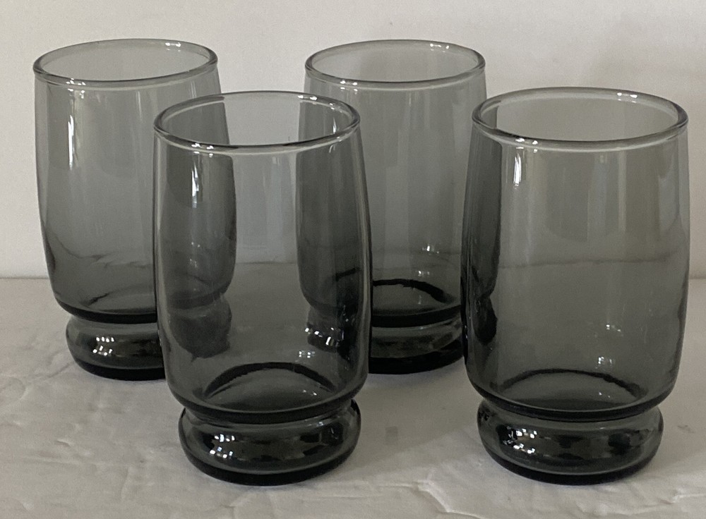 Juice Glasses Smokey Gray Black 4” Tall Set of 4 Vintage Retro 1960’s MCM