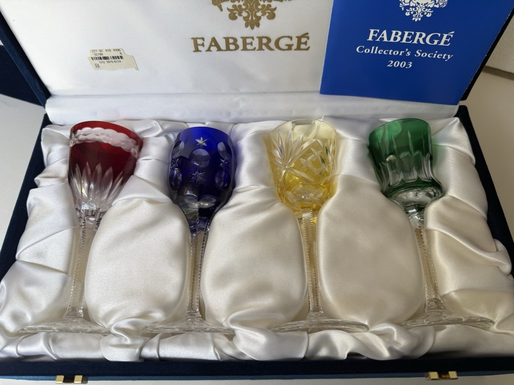 FABERGE CRYSTAL NA ZDOROVYE SET OF 4 LIQUEUR/CORDIAL COLORED GLASSES, RARE, NEW