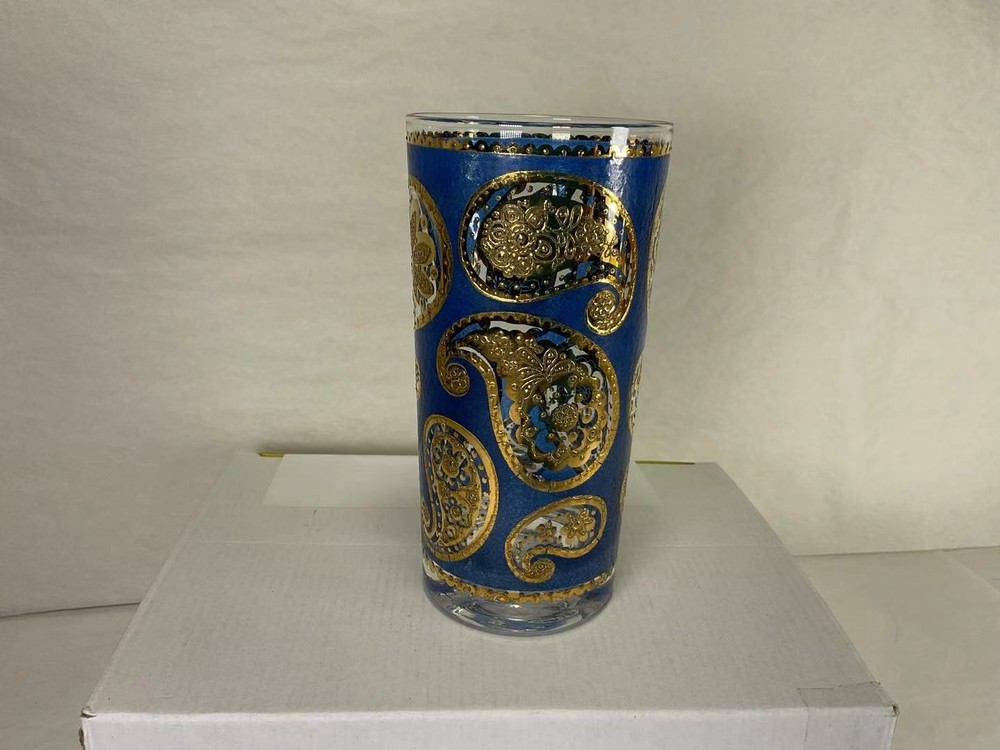Vintage Blue & 22k Gold Paisley Glass Tumblers