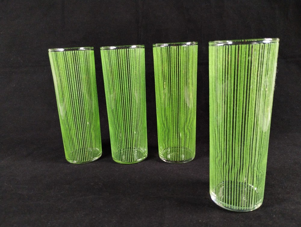 Vtg MCM Icicle Highball Glasses Textured Ribbed Design Green Lines Federal 4 pc