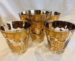 6 VTG MCM Culver 22K Gold Florentine Fruit Low Ball Glass Barware