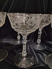 Victorian Champagne Glasses, Etched With Ribbed Stems,Set Of Six,6″Tall & 4″Diam
