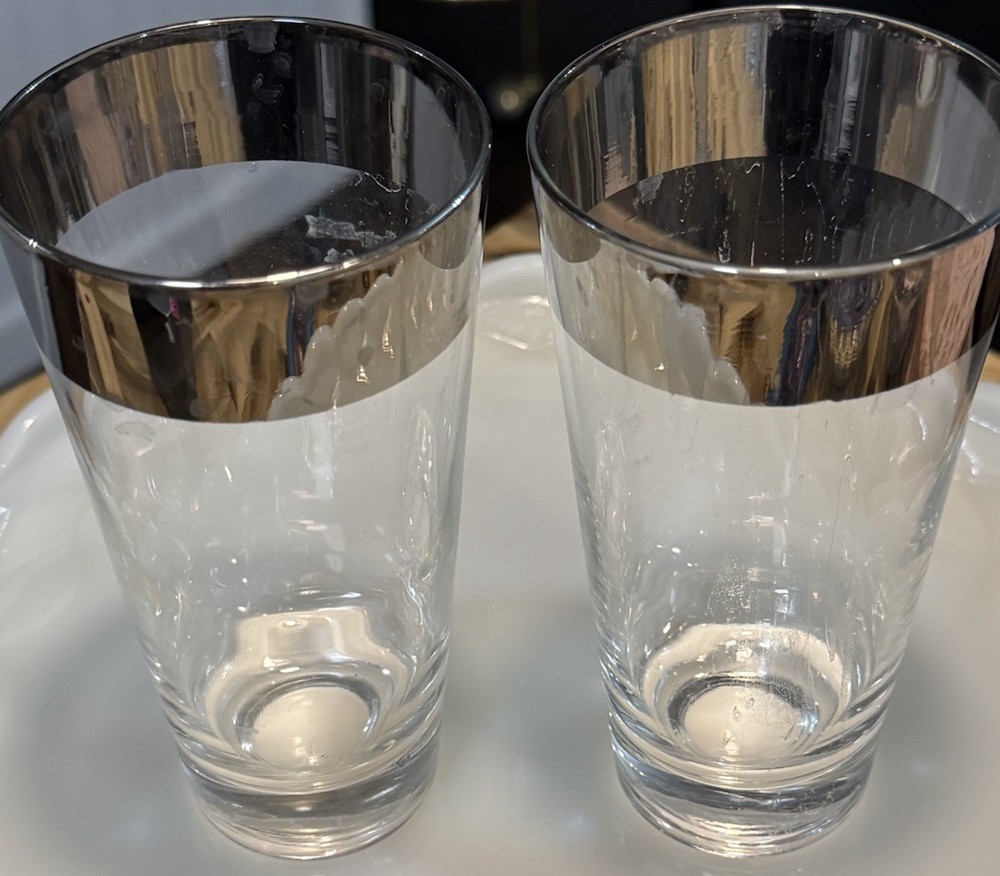 Vintage Dorothy Thorpe MCM Silver Band Tapered Highball Glasses Set of 2