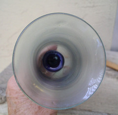 Rick Strini Signed Studio Art Glass Long Stem Wine Glass Blue Green luster 9″
