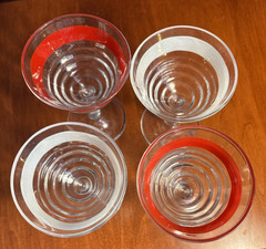 Four Vintage Red &White Frosted Striped Wine Cordials Glasses Stems MCM