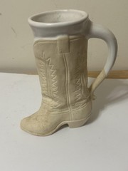 Western Cowboy Boot Ceramic Mug Stein White Off-White Embossed Handle Novelty