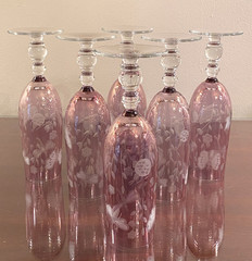 Romanian Etched Butterflies Ladybugs Dragonflies Amethyst CHAMPAGNE Glasses 6 PC