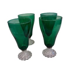 Set Of 4 Vintage Anchor Hocking Emerald Pedestal Glasses On Beaded Base. 7” Tall