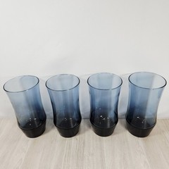 Set of 4 Vintage Libbey Apollo Blue Smoke Drinking Glasses Tumblers Curved 6 in