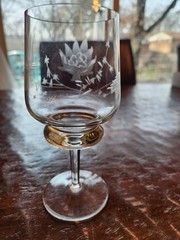Single Floral Cut & Etched Unusual Wafer- Stem Wine Glasses Goblet