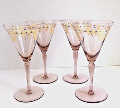 Antique Raised Enamel Gold Gilt Amethyst Champagne Martini Glass 7″, Set of 4