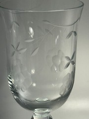 Clear,glass, etched flowers, red&white wine glasses