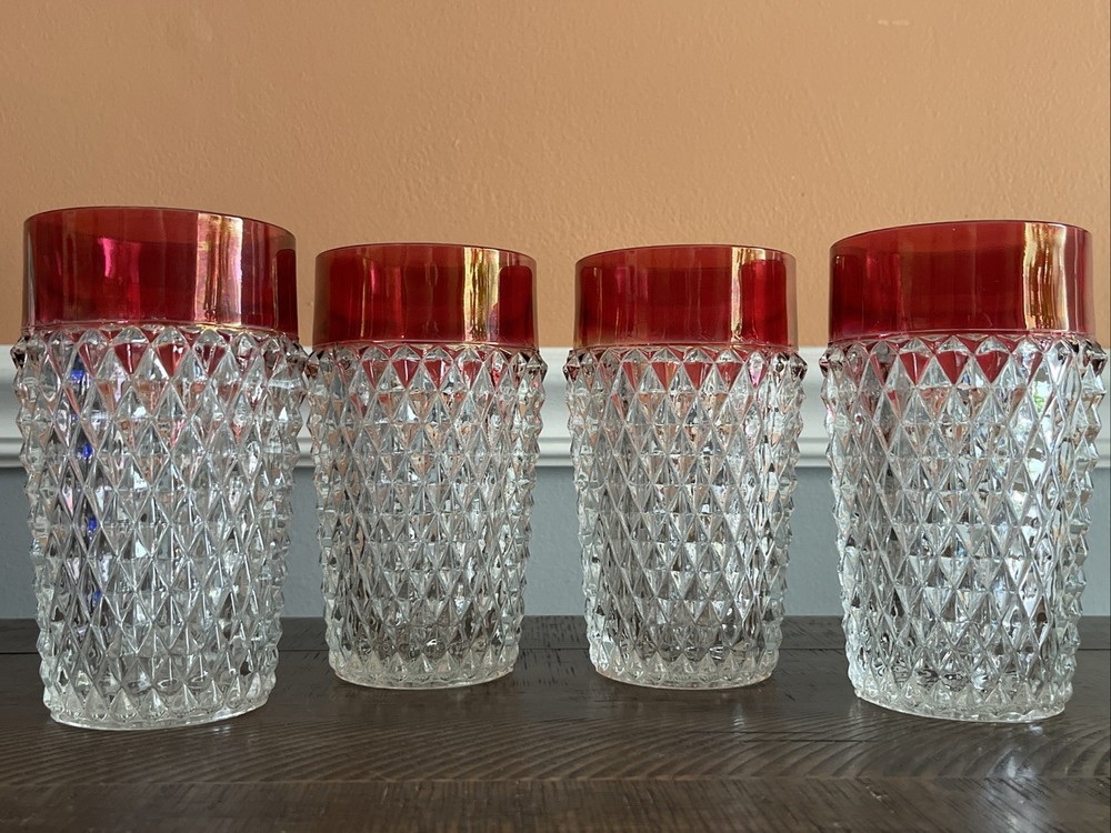 Vintage Indiana Glass Ruby Flashed Diamond Point Iced Tea Flat Tumblers Set Of 4