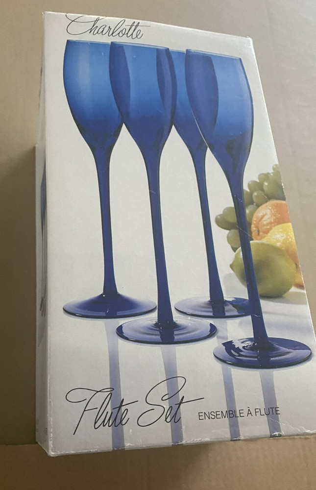 Vintage Set of 4 Cobalt Blue Glass 9” Long Stem «Colony» Champagne Flutes