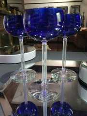 (7) «Rhine Wine» glasses 6″, Fostoria «Classic Cobalt Blue» clear stem 6011 RARE