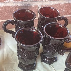 Burgundy Pressed Glass Drinkware Set Goblets Mugs Tumblers Cups & Saucers
