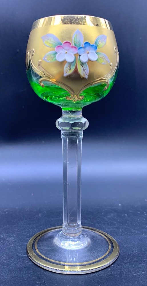 VINTAGE BOHEMIAN GLASS GOBLET HEAVY RAISED GOLD ENAMEL FLOWERS APPLIED STEM