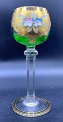 VINTAGE BOHEMIAN GLASS GOBLET HEAVY RAISED GOLD ENAMEL FLOWERS APPLIED STEM