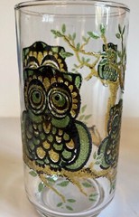 Vintage Libbey Tumblers MCM Owls On Tree Stained Glass Look Drinking Glass Set 5