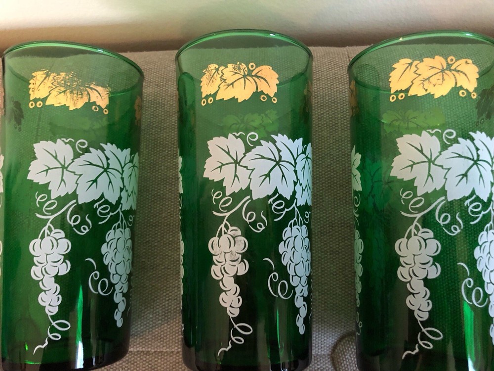 Vintage Anchor Hocking Green Glasses Gold White Leaves Grapes 3 Available To Buy
