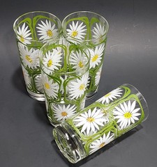 4 Vintage Libbey Glass Green Square White Daisy Yellow Drinking Glasses 1970s