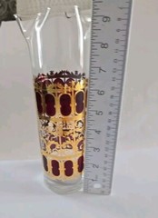 Mid Century Culver Cranberry Scroll Pitcher 5 Lowball Glasses 22Kt Gold Barware