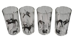 Vintage Art Deco Style Set Four Glasses Tumblers Clear W/Black Dog Silhouettes
