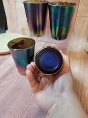 Set of 4 Northwood 3-7/8″H Marigold Carnival Glass Tumblers Enameled Flowers