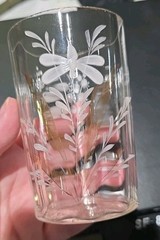 Set 4 Antique Etched Handblown Clear Glass Tumblers 4″ High, Floral & Dragonfly