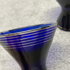 Vintage Set of 2 Cobalt Blue Cocktail Glasses with Silver Platinum Banding MCM