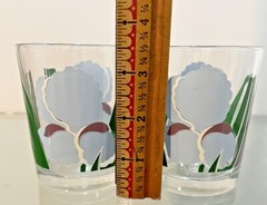 Set of 2 Rocks Glasses Blue And Purple Iris Flowers Green Leaves 3.5” Tall