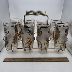 1960’s Libbey Hollywood Regency Highball 8 Glasses + Brass Caddy BEAUTIFUL