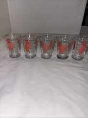 Set Of 5 1950s Vintage Hazel Atlas Dancing Drunk Pink Elephants Glass Shot Glass