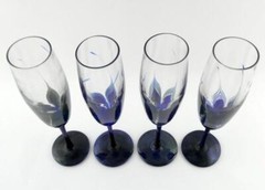 Randy Strong Creative Art Glass Set of 4 Champagne Glasses Blue Pulled Feather