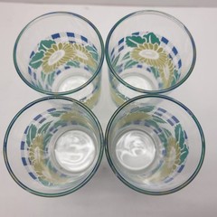 Set of 4 Vtg Anchor Hocking Sunflower Blue Gingham Juice Drinking Glasses 4.25″T