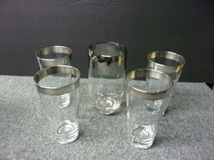Vintage Barware Set of 4 Silver Band Dorothy Thorpe Highball Glasses And Pitcher