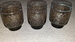 3 VTG Libbey Prado Old Fashioned Brown Embossed Scroll Juice Glass Tumblers MCM