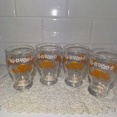 VTG Anchor Hocking Footed Orange Juice Glasses WHITE FLOWERS Orange Set Of 4 MCM